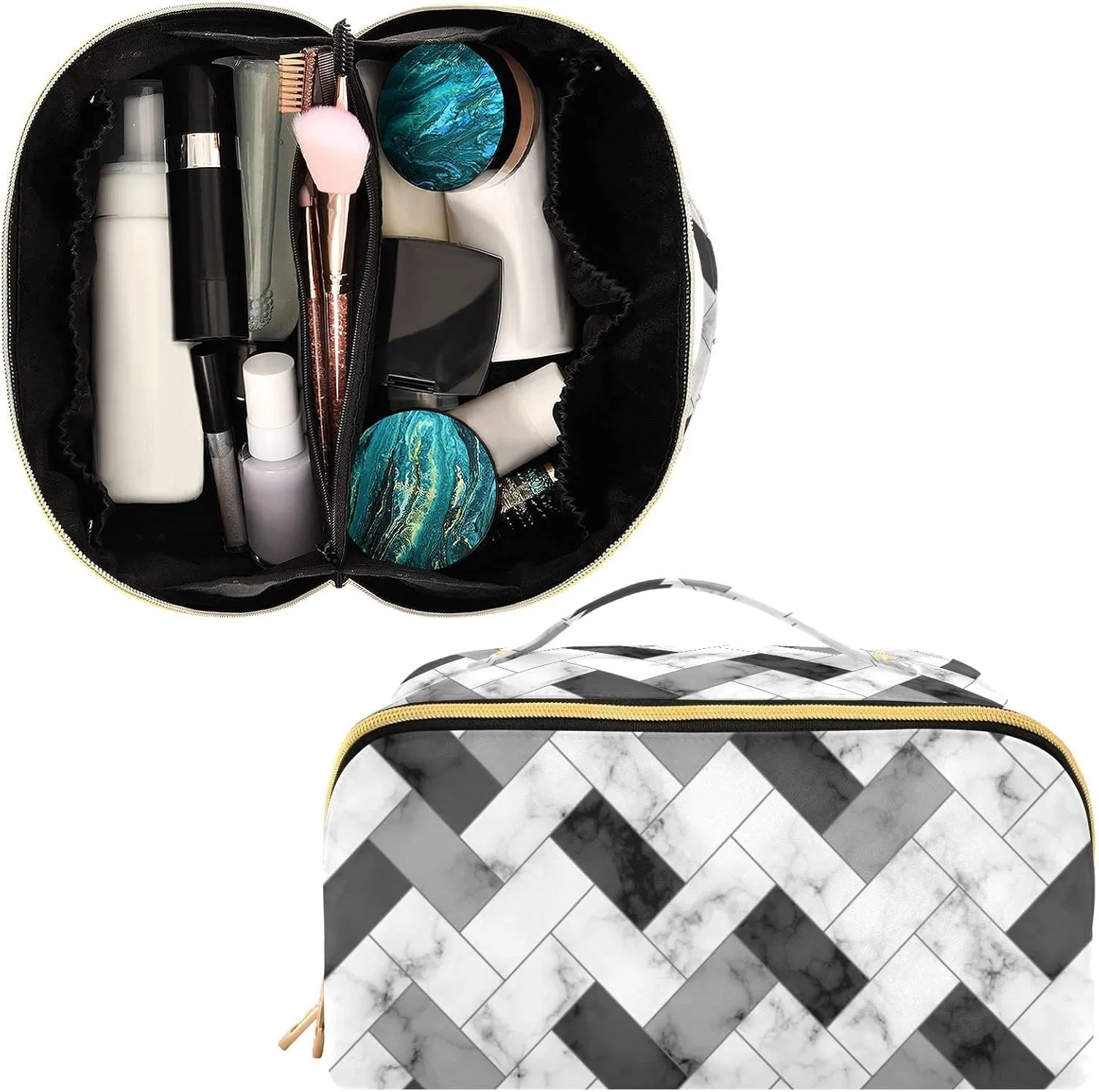 Marble Texture Large Capacity Cosmetic Bag Travel Makeup Bags with Large Opening and Handle Twill Cosmetic Organizer for Women