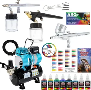Master Pro Airbrush Multi-Purpose Airbrushing System with 3 Airbrushes, 6 U.S. Art Supply Primary Colors Acrylic Paint Set - Cool Running Air Compressor with Tank - Color Mixing Wheel