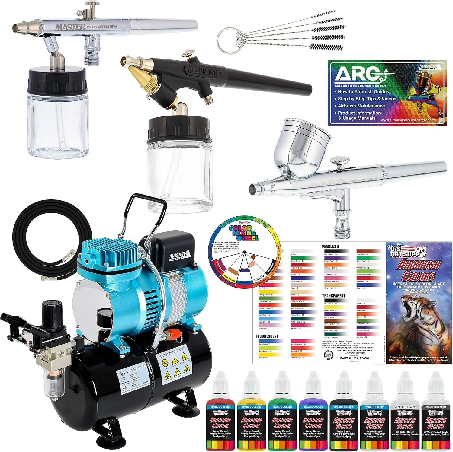Master Pro Airbrush Multi-Purpose Airbrushing System with 3 Airbrushes, 6 U.S. Art Supply Primary Colors Acrylic Paint Set - Cool Running Air Compressor with Tank - Color Mixing Wheel
