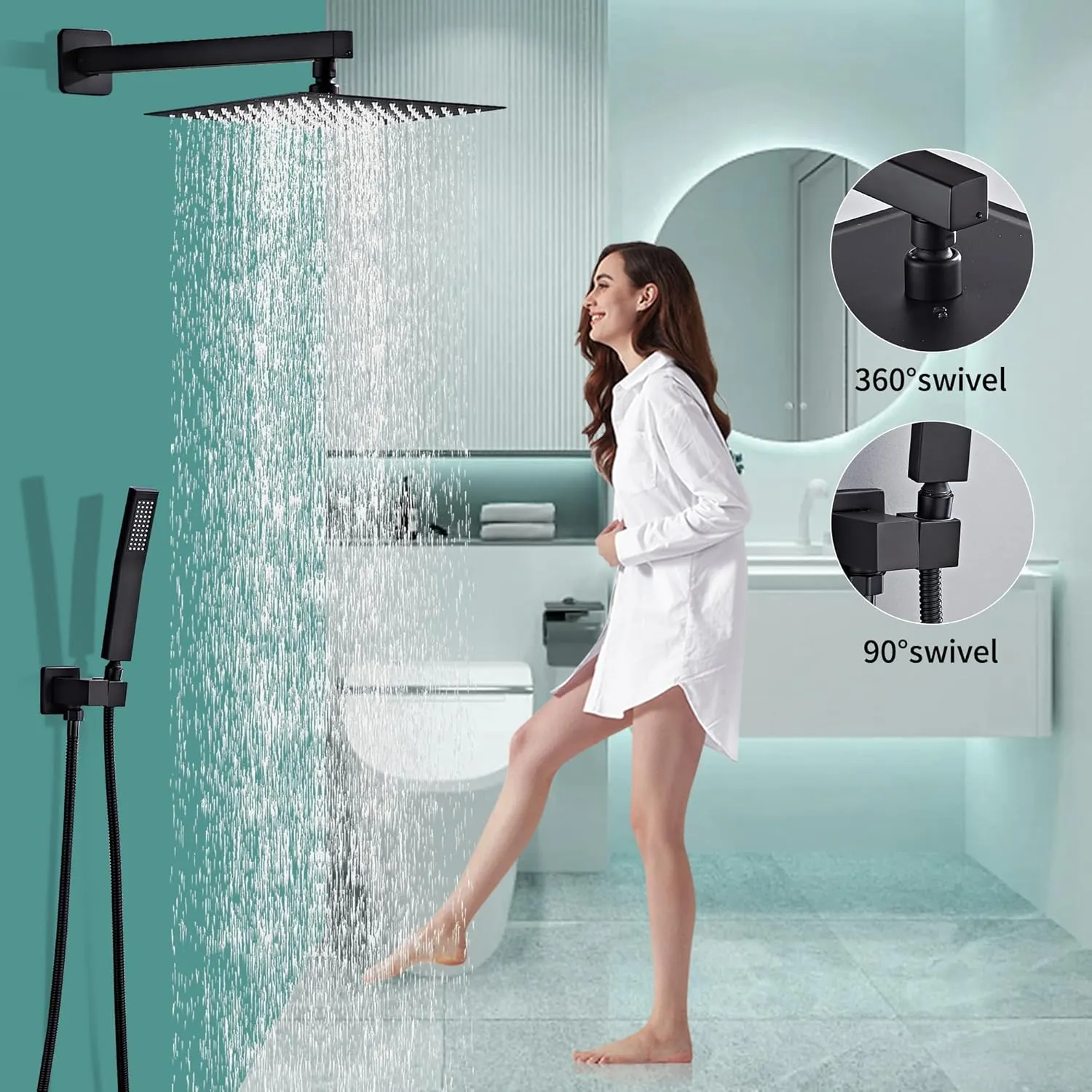 Matte Black Shower Faucet Set with Tub Spout 10 Inch, Rainfall Shower System with 4 Hooks & Upgraded Shower Valve, Square Shower Head Bathroom Luxury Rain Mixer Shower Combo Set Wall Mounted