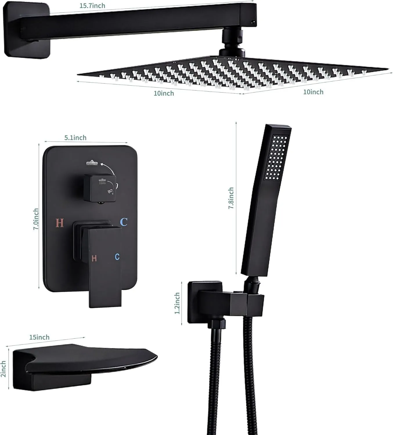 Matte Black Shower Faucet Set with Tub Spout 10 Inch, Rainfall Shower System with 4 Hooks & Upgraded Shower Valve, Square Shower Head Bathroom Luxury Rain Mixer Shower Combo Set Wall Mounted