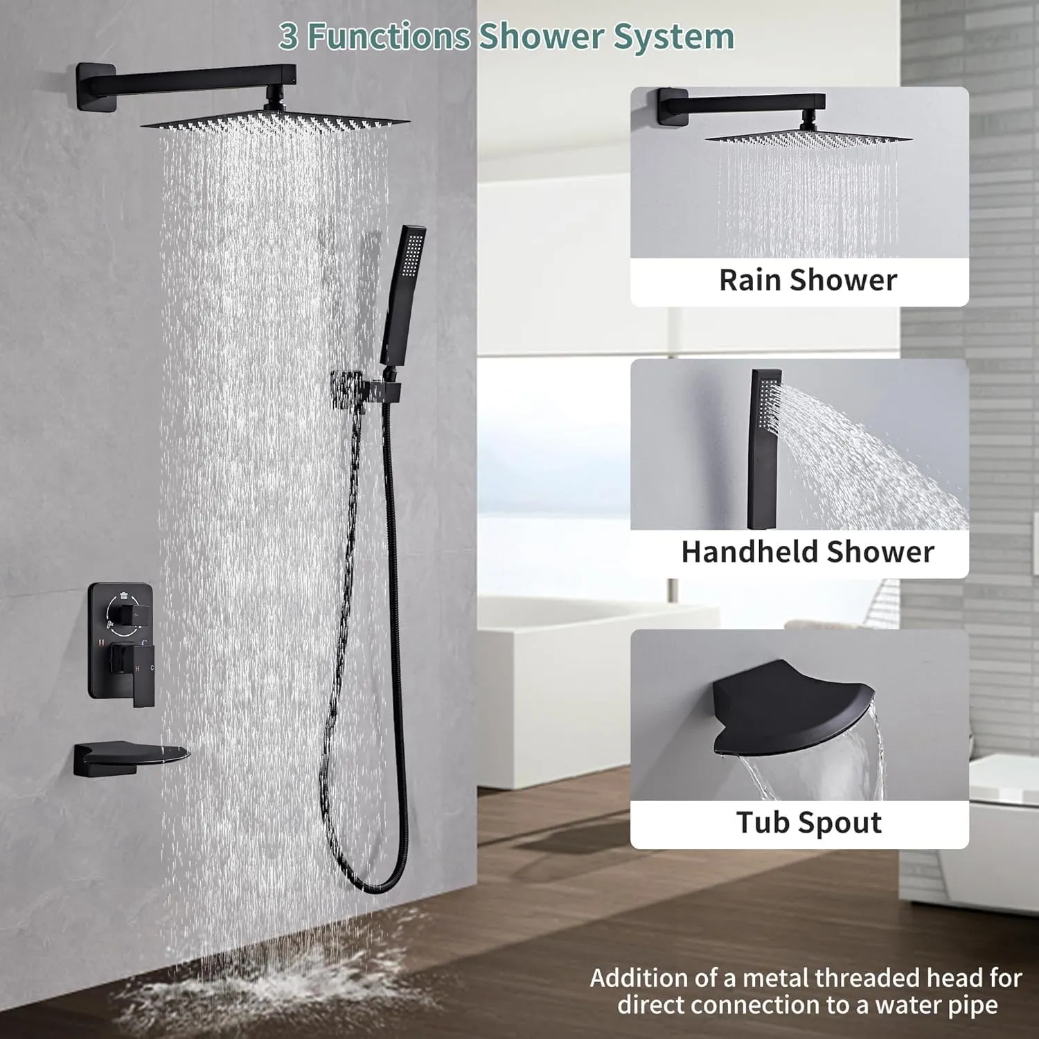 Matte Black Shower Faucet Set with Tub Spout 10 Inch, Rainfall Shower System with 4 Hooks & Upgraded Shower Valve, Square Shower Head Bathroom Luxury Rain Mixer Shower Combo Set Wall Mounted