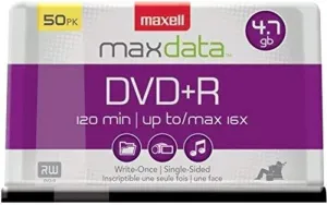 Maxell – MAX639013, DVD-R Blank Disc - 4.7GB Storage Capacity with 16X Write Speed - Write-Once Format for Large File & Superior Archival Life - Compatible with DVD/Player - 50 Pack Spindle Silver