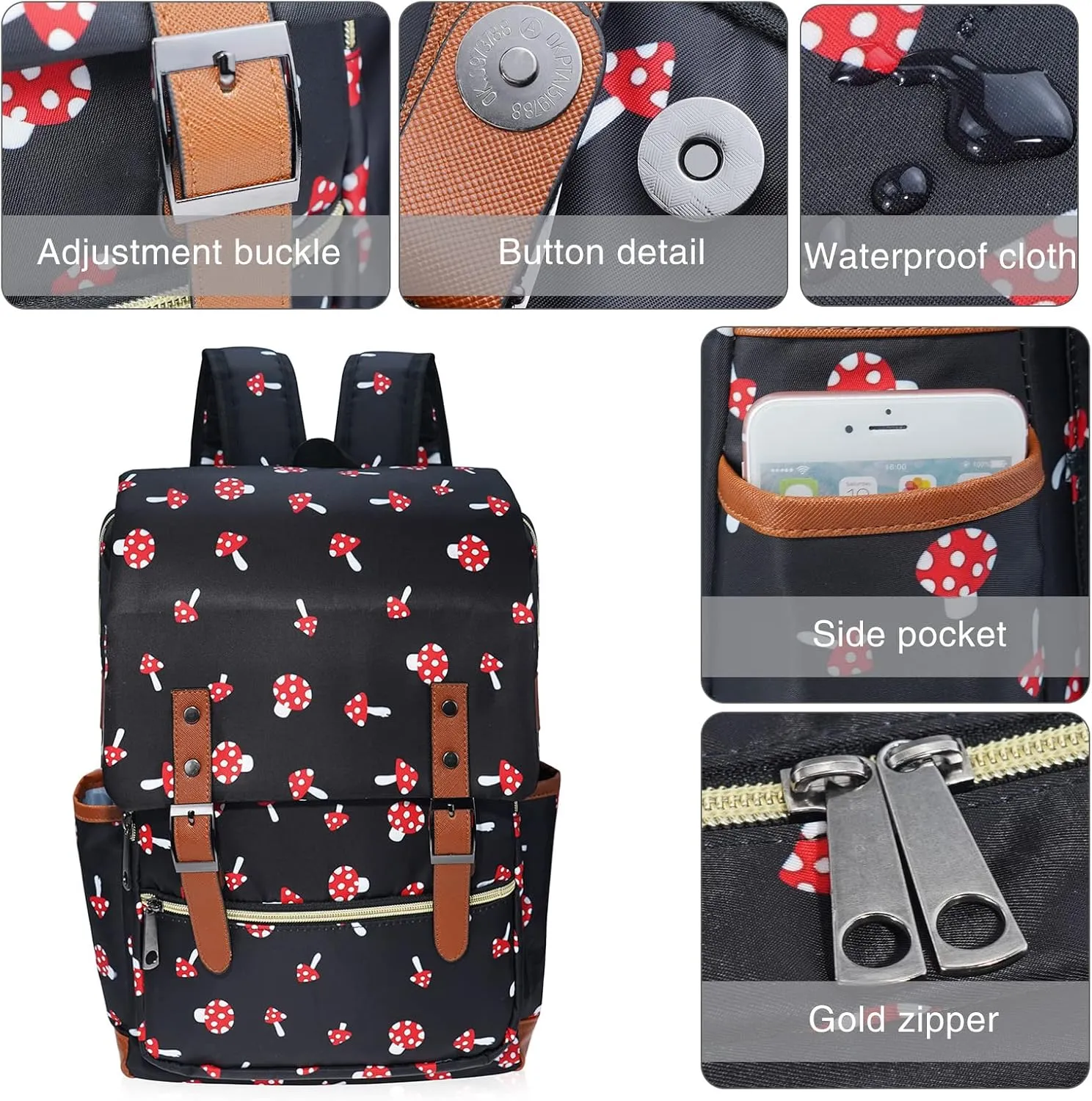 MCWTH Mushroom School Backpack for Girls Women, 15.6 inch Laptop Backpacks Bookbags for College Travel