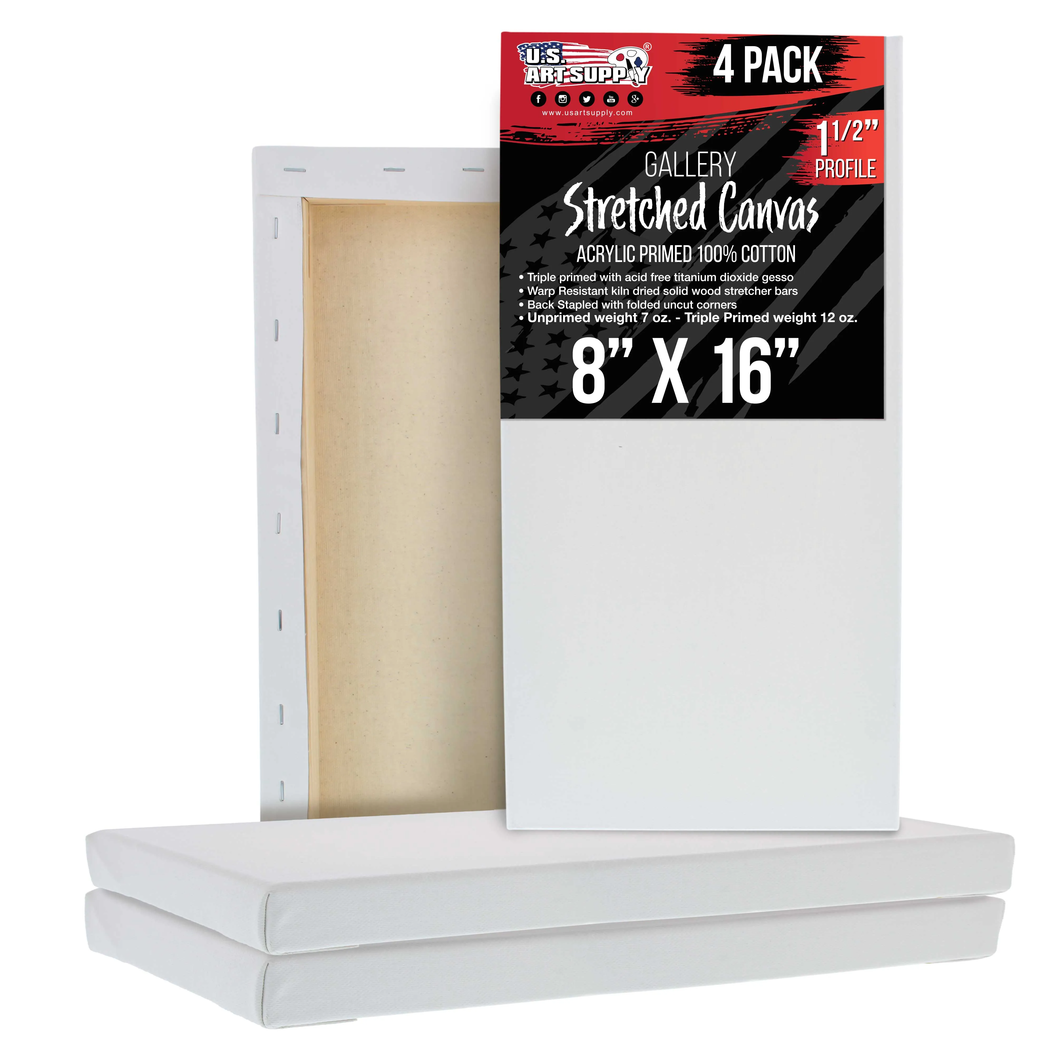 Medium Stretched Canvas for Painting 8x16 inch Gallery Depth 1-1/2" Thick, 4-Pack - 12oz Acrylic Gesso Triple Primed, Professional Artist Quality, 100% Cotton - Oil, Pouring Paint