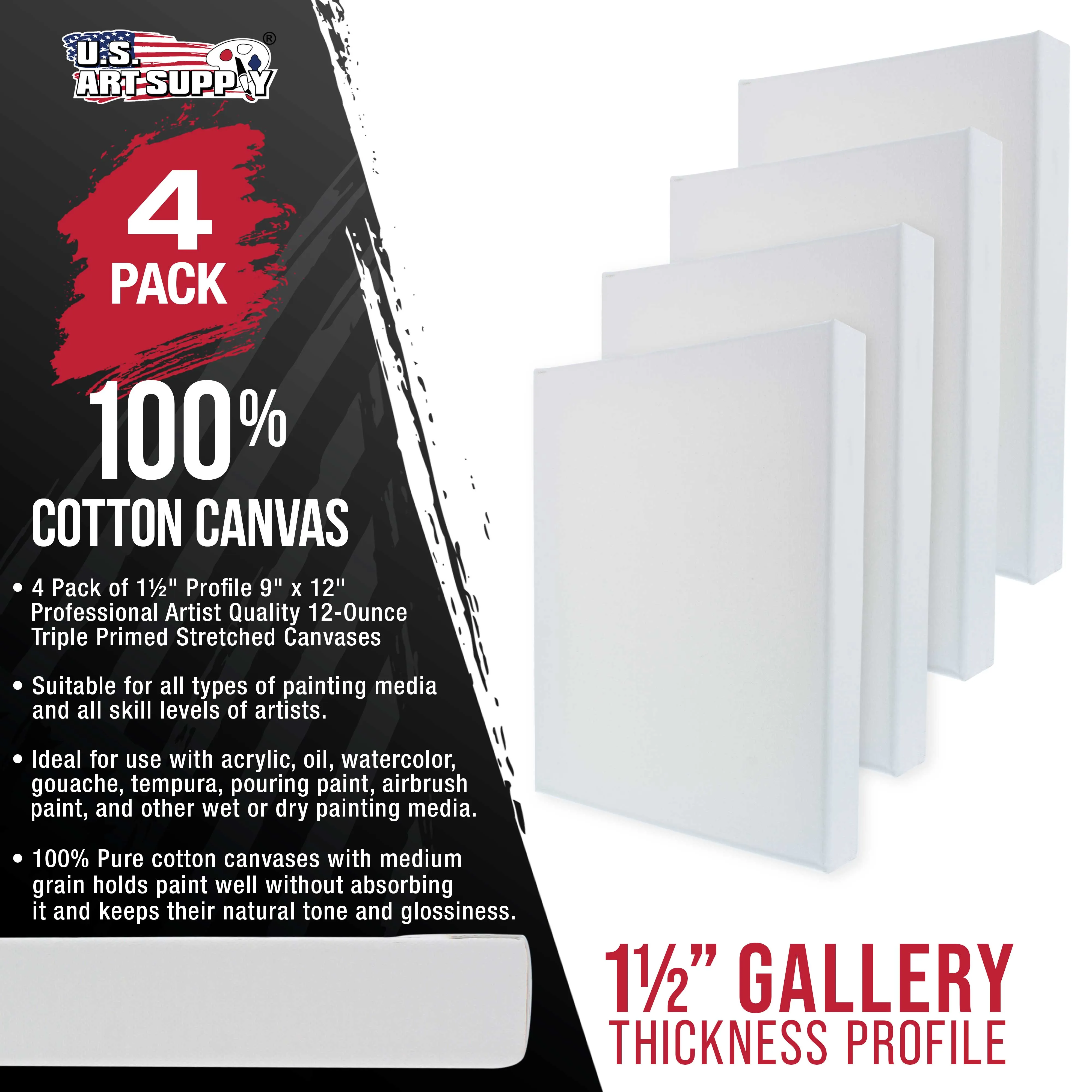 Medium Stretched Canvas for Painting 9x12 inch Gallery Depth 1-1/2" Thick, 4-Pack - 12oz Acrylic Gesso Triple Primed, Professional Artist Quality, 100% Cotton - Oil, Pouring Paint