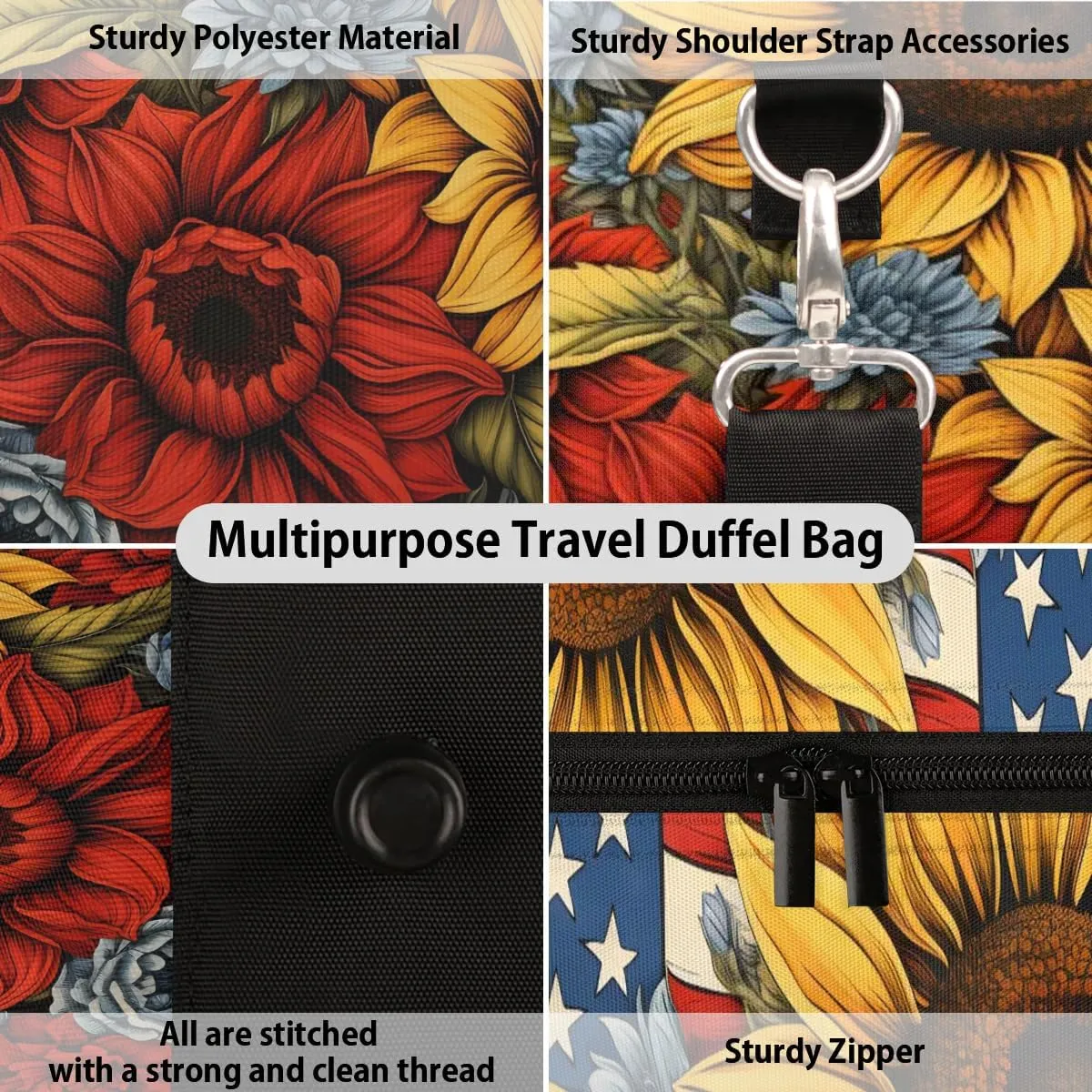 Memorial Day Flowers 4th of July Travel Duffel Bag for Women Men Waterproof Foldable Overnight Weekender Bag Large Capacity Sports Gym Bag
