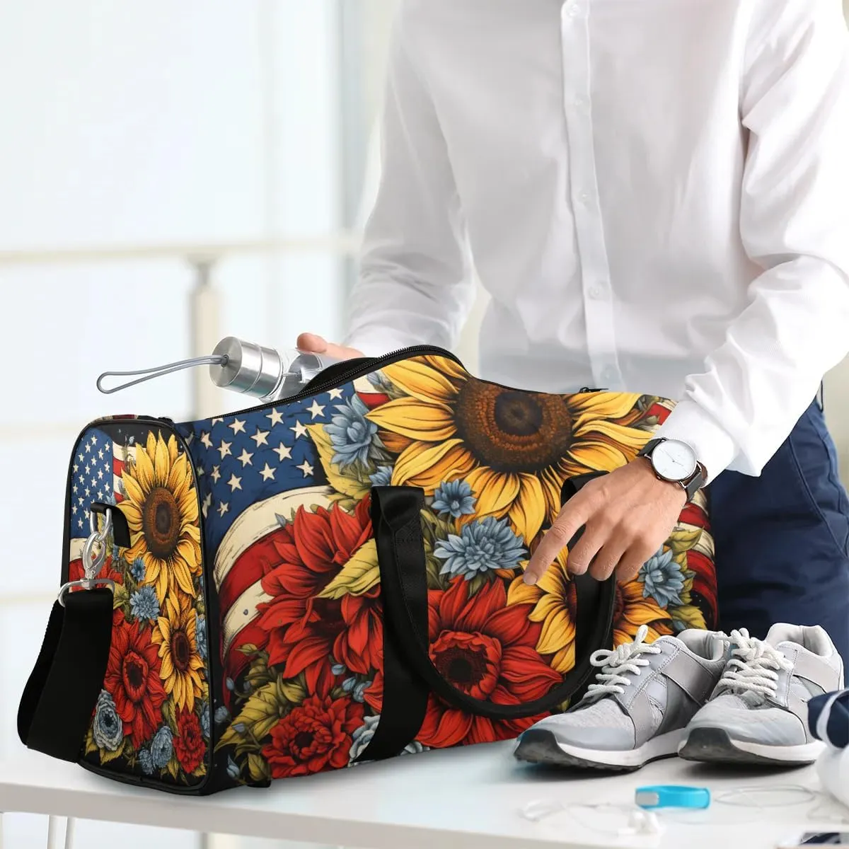 Memorial Day Flowers 4th of July Travel Duffel Bag for Women Men Waterproof Foldable Overnight Weekender Bag Large Capacity Sports Gym Bag