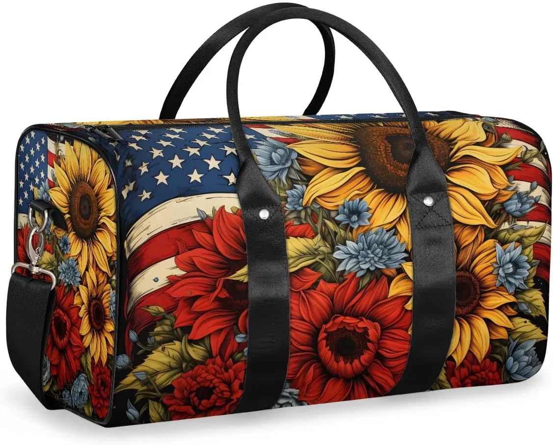Memorial Day Flowers 4th of July Travel Duffel Bag for Women Men Waterproof Foldable Overnight Weekender Bag Large Capacity Sports Gym Bag