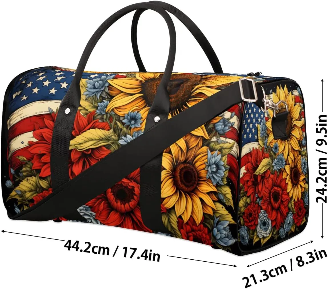 Memorial Day Flowers 4th of July Travel Duffel Bag for Women Men Waterproof Foldable Overnight Weekender Bag Large Capacity Sports Gym Bag