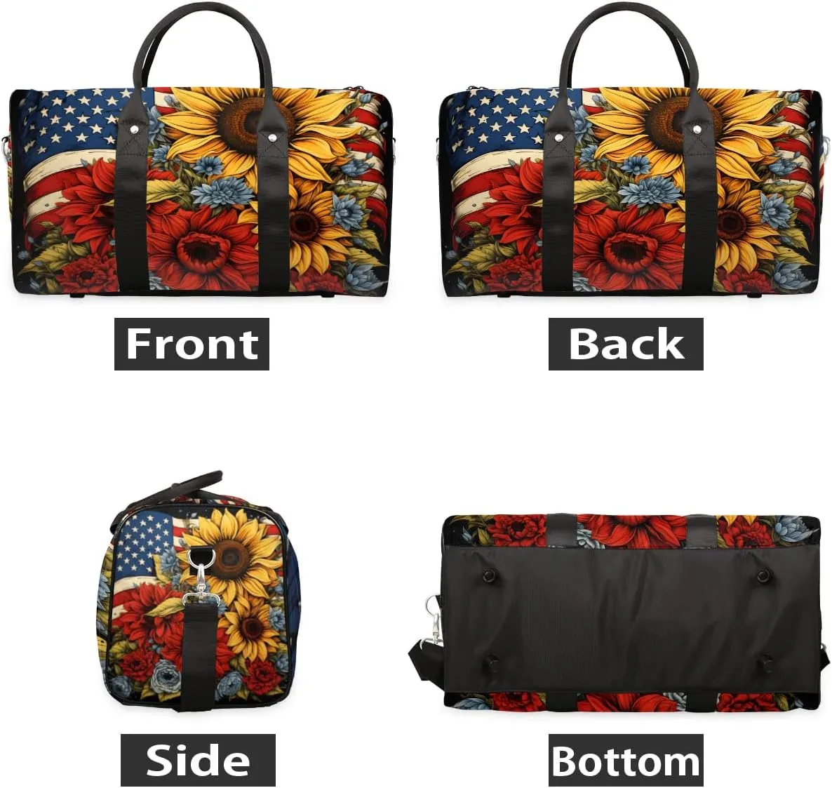 Memorial Day Flowers 4th of July Travel Duffel Bag for Women Men Waterproof Foldable Overnight Weekender Bag Large Capacity Sports Gym Bag
