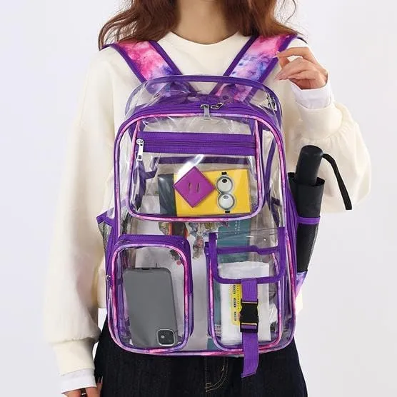 Men's and Women's Transparent Backpack with Large Capacity Graffiti Pattern PVC Material Backpack, Suitable for Daily Use and Travel Use,Purple tie dye