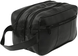 Mens Large Genuine Leather Travel Overnight Wash Gym Toiletry Shaving Bag 3520 Black, Black, Length 25cm x Height 16cm x Depth 15cm (Approx.)