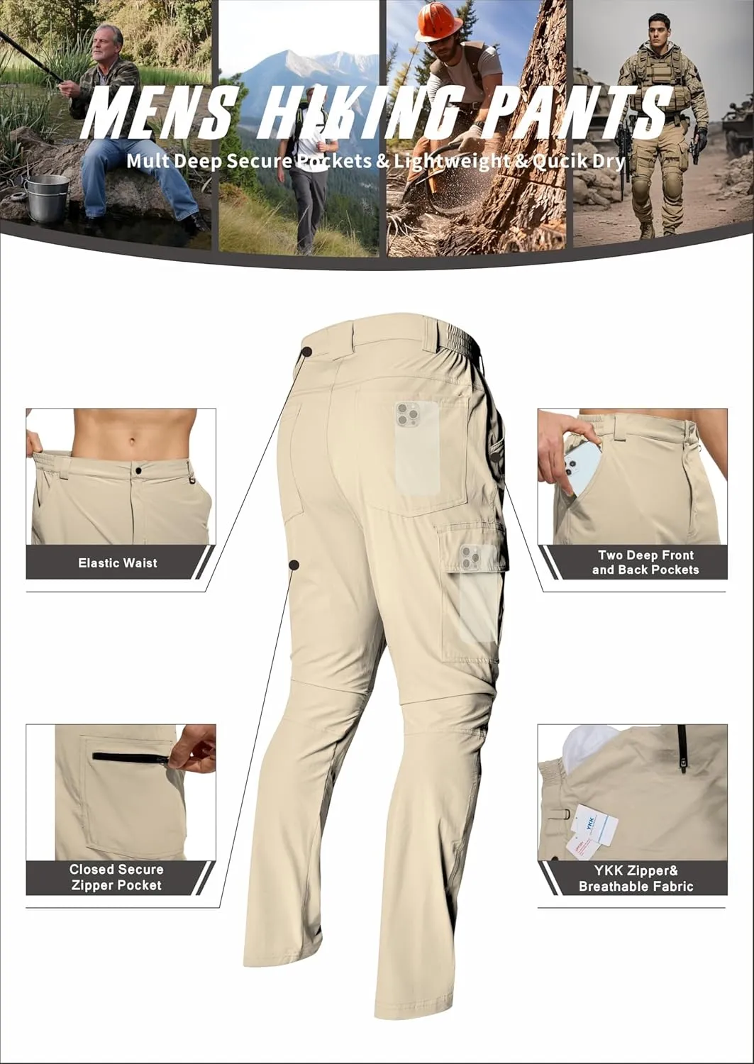 Men's Lightweight Hiking Cargo Pants Waterproof Quick Dry Travel Climbing Camping Fishing Mens Work Pants Outdoor