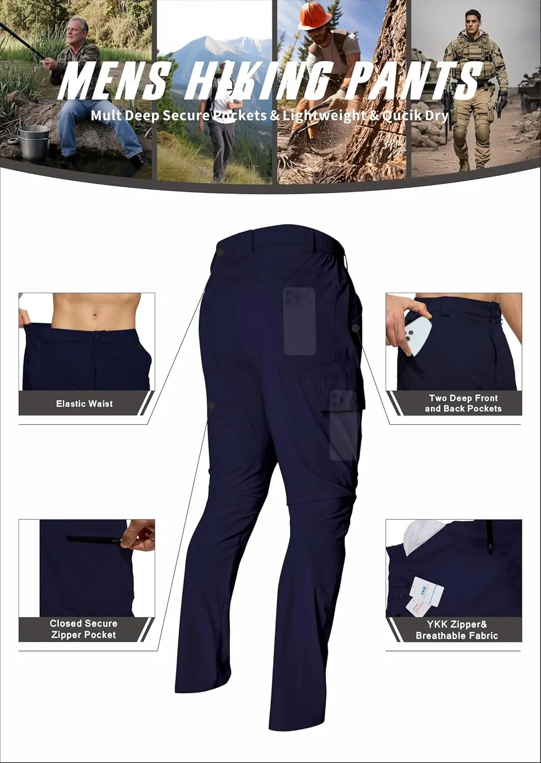 Men's Lightweight Hiking Cargo Pants Waterproof Quick Dry Travel Climbing Camping Fishing Mens Work Pants Outdoor