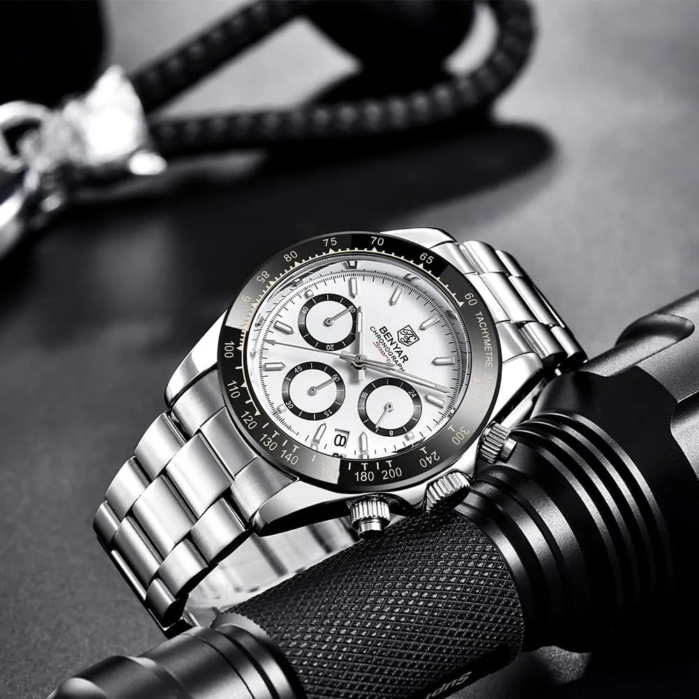 Men's Watch BENYAR Fashion Quartz Movement Wrist Watch Analog Chronograph Business Waterproof and Scratch Resistant Stainless Steel Strap Leisure Sports Watches for Men