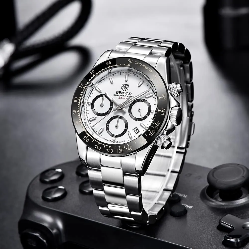 Men's Watch BENYAR Fashion Quartz Movement Wrist Watch Analog Chronograph Business Waterproof and Scratch Resistant Stainless Steel Strap Leisure Sports Watches for Men