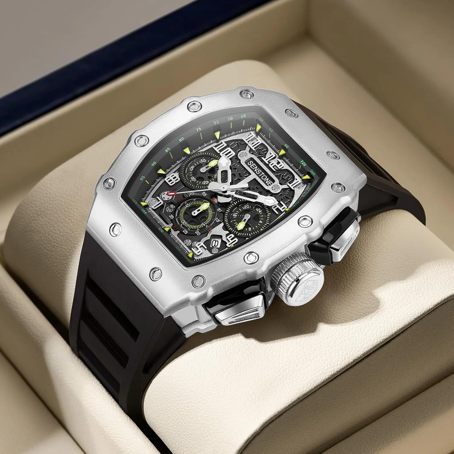 Mens Watches Retro Punk Skull Tonneau Design Analog Unique Skeleton Sports Quartz Wrist Watch for Men with Luminous Rubber Strap Silicone Band