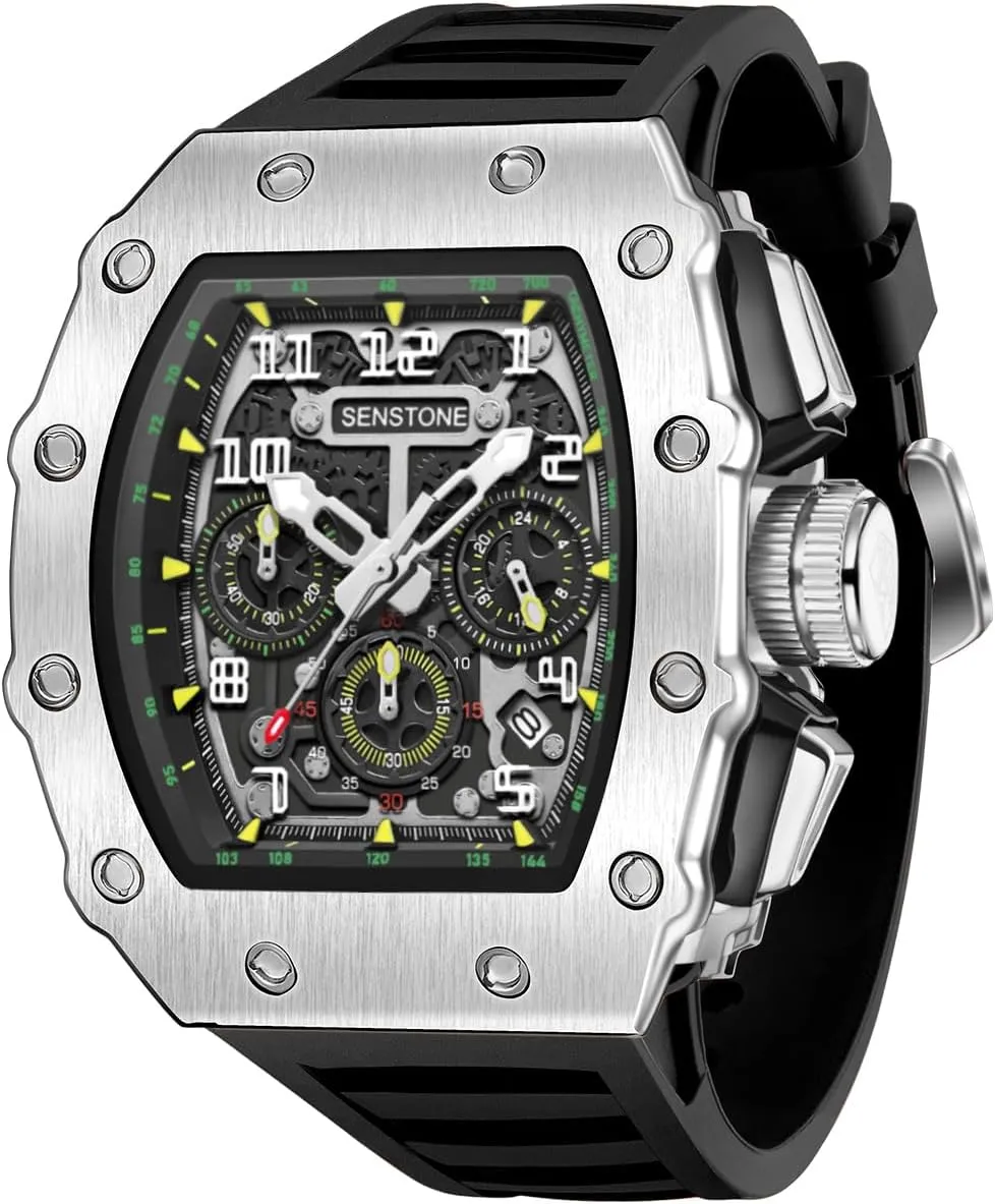 Mens Watches Retro Punk Skull Tonneau Design Analog Unique Skeleton Sports Quartz Wrist Watch for Men with Luminous Rubber Strap Silicone Band