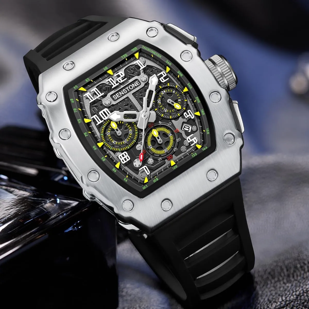 Mens Watches Retro Punk Skull Tonneau Design Analog Unique Skeleton Sports Quartz Wrist Watch for Men with Luminous Rubber Strap Silicone Band