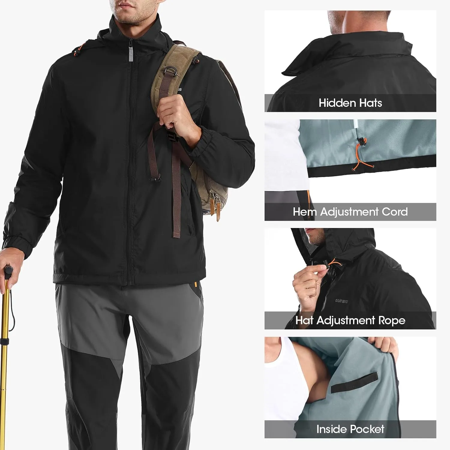 Mens Waterproof Jacket Outdoor Lightweight Hooded Windbreaker Travel Hiking Windproof Raincoat