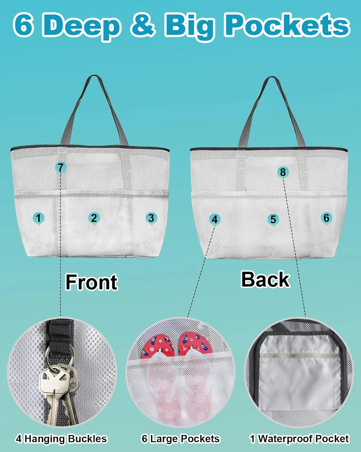 Mesh Beach Bag Oversized Tote Bags for Women Boho Ethnic Diamond Geometric Large Travel Pool Bags Grocery Toy Tote Bags with 8 Pockets