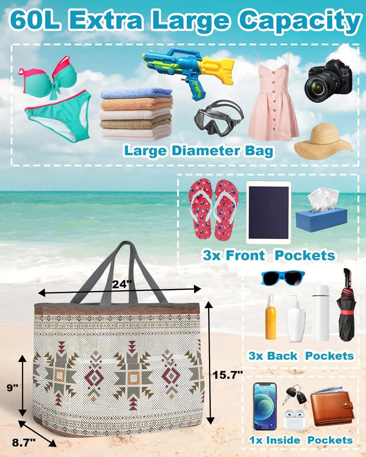 Mesh Beach Bag Oversized Tote Bags for Women Boho Ethnic Diamond Geometric Large Travel Pool Bags Grocery Toy Tote Bags with 8 Pockets