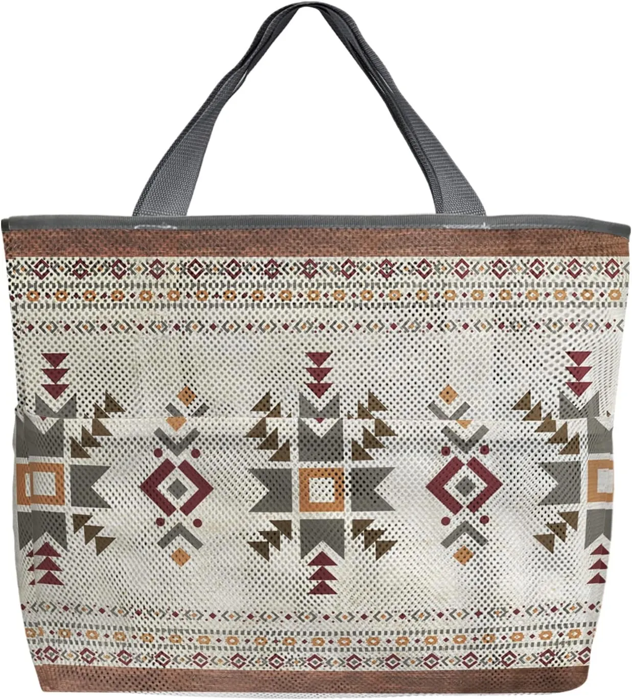 Mesh Beach Bag Oversized Tote Bags for Women Boho Ethnic Diamond Geometric Large Travel Pool Bags Grocery Toy Tote Bags with 8 Pockets