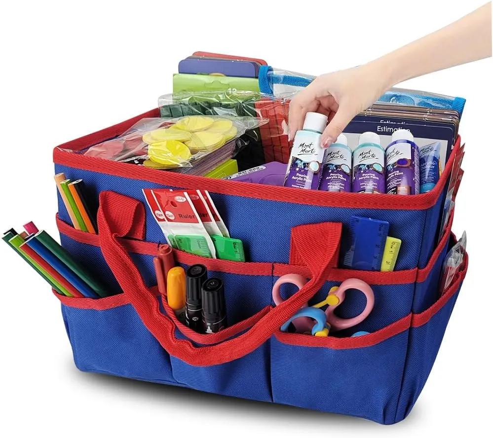 Mewise Teacher Handle Tote Bag Organizer,Tote Bag Organization for Crafts,Art,Paper,Books,School,Sewing,Travel with Handles,Ofiice Supplies Storage (Blue)