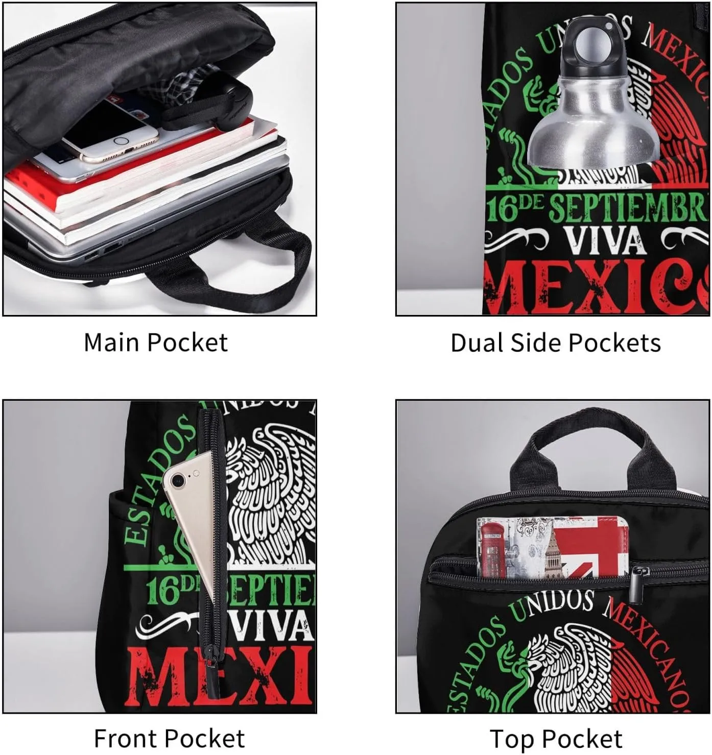 Mexico Pride Independence Day Travel Backpacks Casual Laptop Backpack Sport Rucksack Large Capacity Daypack Multi-Pockets Adjustable Strap Bag for Working Hiking