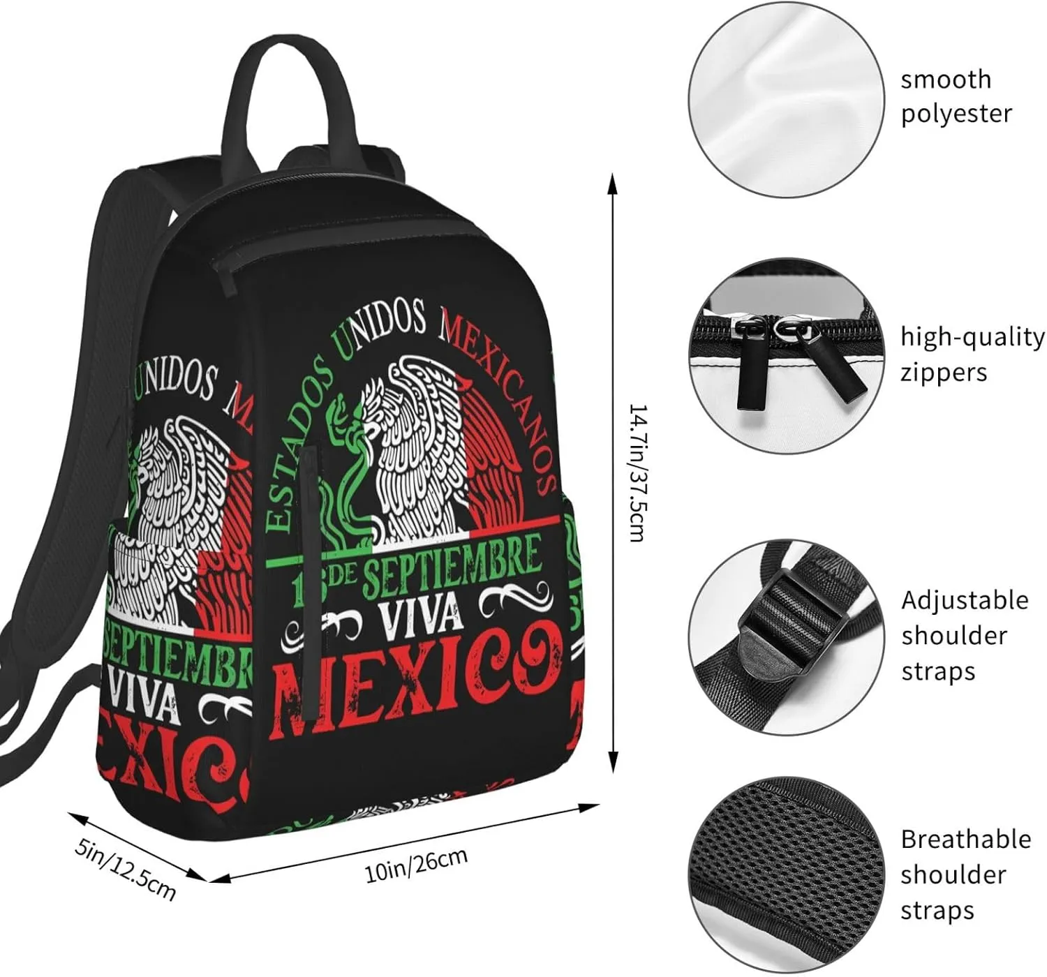 Mexico Pride Independence Day Travel Backpacks Casual Laptop Backpack Sport Rucksack Large Capacity Daypack Multi-Pockets Adjustable Strap Bag for Working Hiking