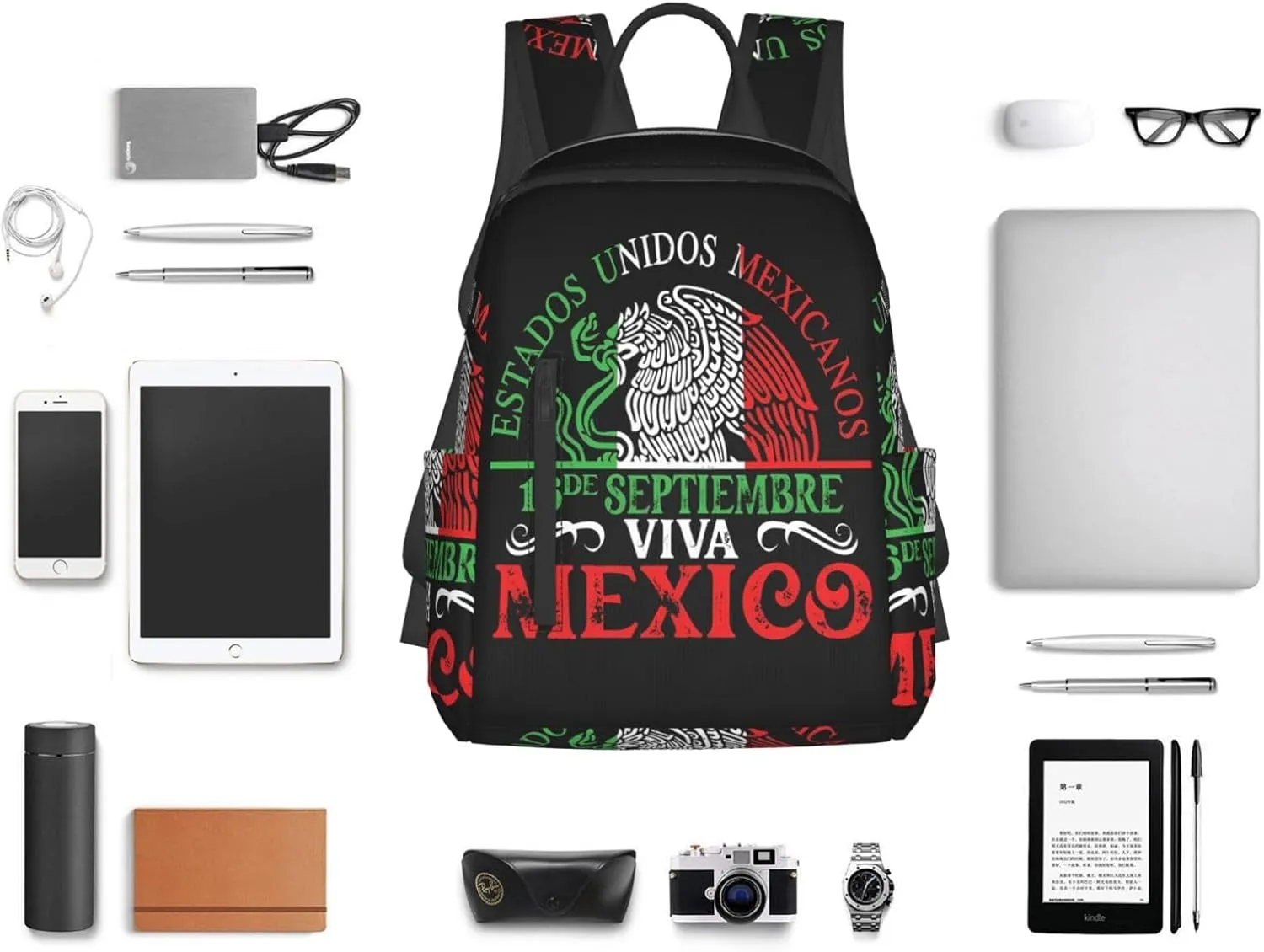 Mexico Pride Independence Day Travel Backpacks Casual Laptop Backpack Sport Rucksack Large Capacity Daypack Multi-Pockets Adjustable Strap Bag for Working Hiking