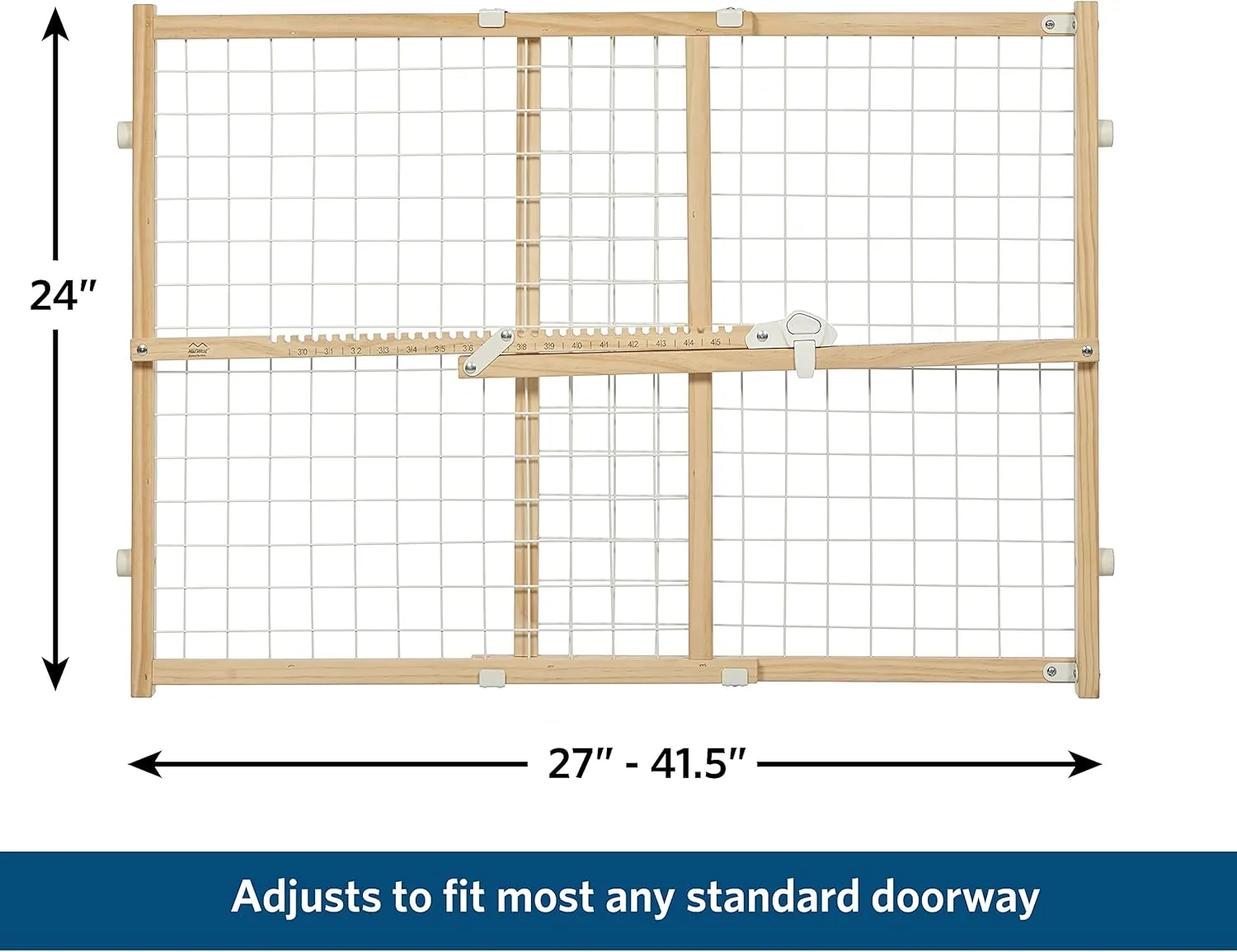 MidWest Homes for Pets Wire Mesh Pet Safety Gate, Pressure Mounted Dog Gate Measures 24 Inches Tall & Expands to 27-41.5 Inches Wide, Natural Wood & White Powder Coated Wire Mesh