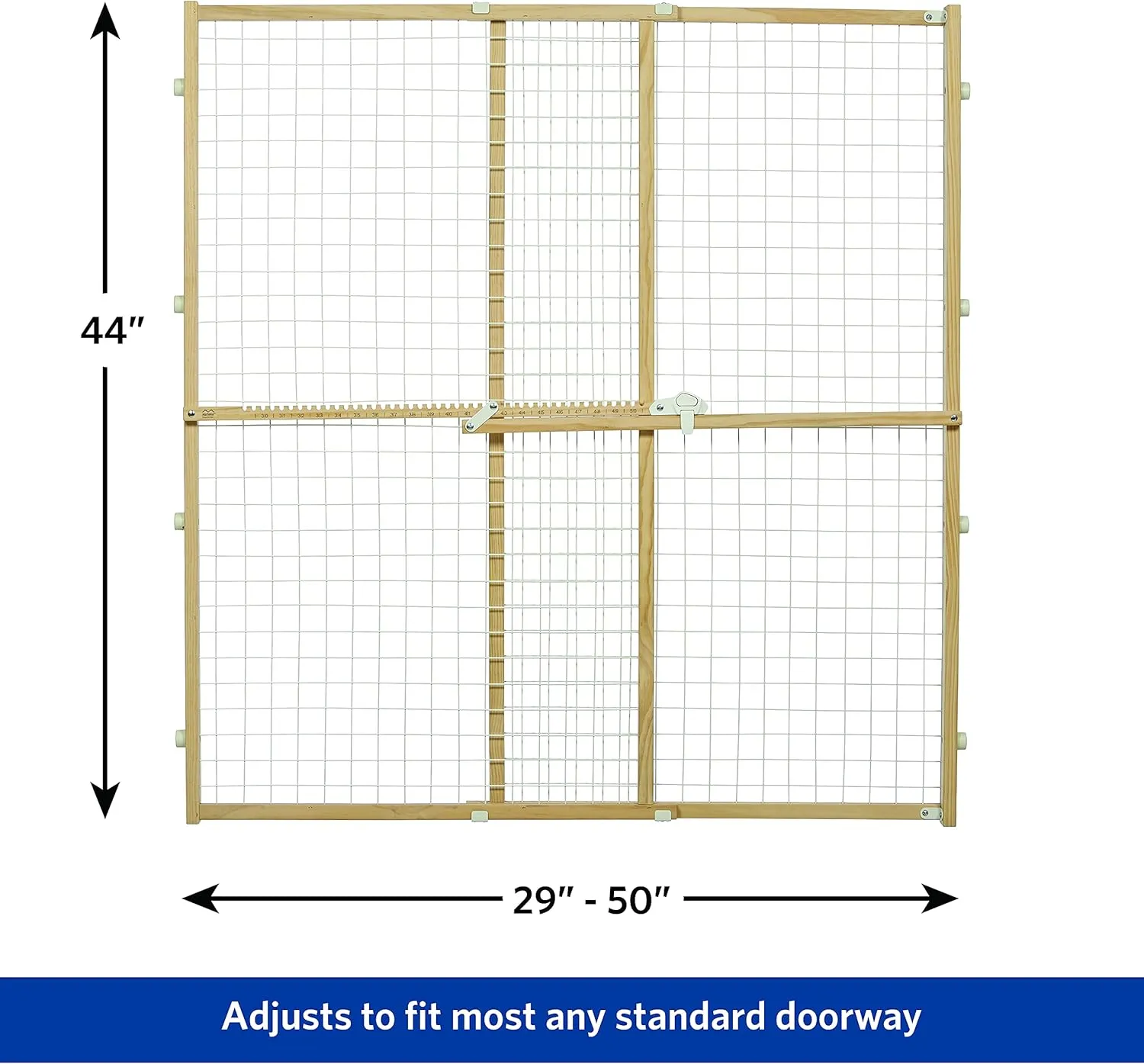 MidWest Homes for Pets Wire Mesh Pet Safety Gate, Pressure Mounted Dog Gate Measures 44 Inches Tall & Expands to 29-50 Inches Wide, Natural Wood & White Powder Coated Wire Mesh