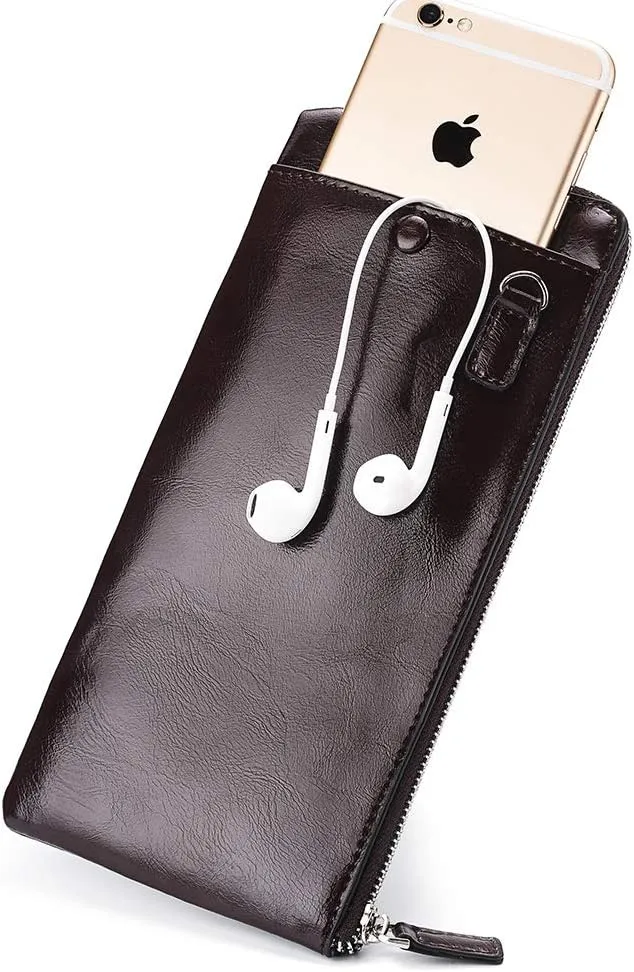 Minimalist Leather Wallets for Men Long Bifold Wallet Zip Around Clutch Travel Purse for Checkbook, Smartphone, Cash