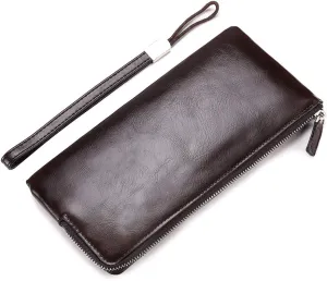 Minimalist Leather Wallets for Men Long Bifold Wallet Zip Around Clutch Travel Purse for Checkbook, Smartphone, Cash