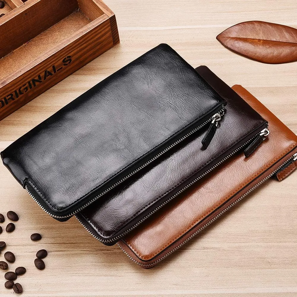 Minimalist Leather Wallets for Men Long Bifold Wallet Zip Around Clutch Travel Purse for Checkbook, Smartphone, Cash