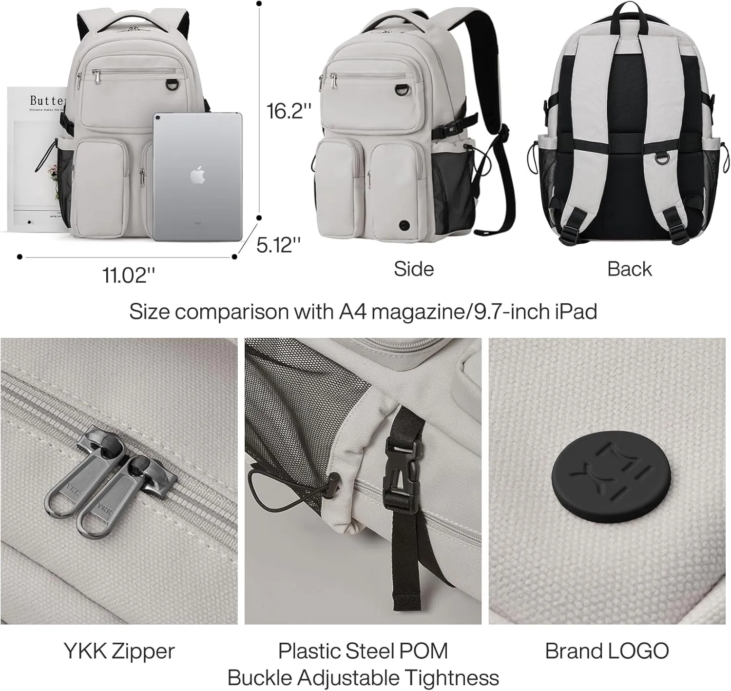 Mixi Travel Laptop Backpack, Lightweight Durable School Bookbag Men Woman 15.6" Computer Bag, Water Resistant Outdoor Hiking Backpacks With Multifunction Pockets, 17 Inch, Beige