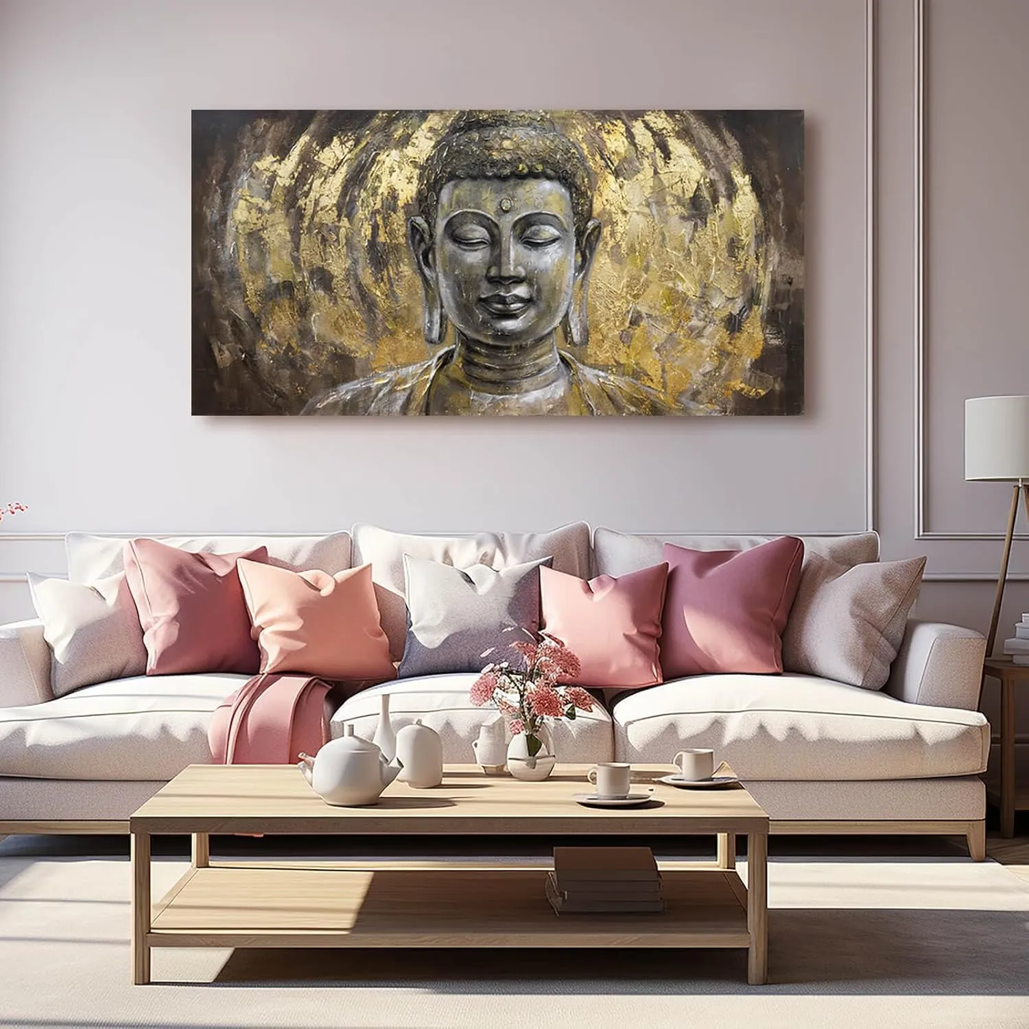 MLART99 Canvas Wall Art Gold Portrait Artwork Buddha Painting Living Room Grey Pictures Art Wall Decor for Bedroom Aesthetic 24x48 Inch Ready to Hang