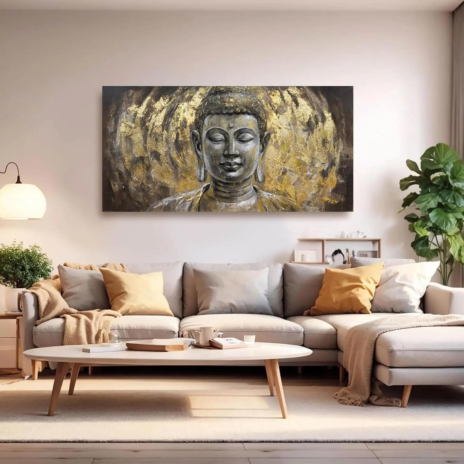 MLART99 Canvas Wall Art Gold Portrait Artwork Buddha Painting Living Room Grey Pictures Art Wall Decor for Bedroom Aesthetic 24x48 Inch Ready to Hang