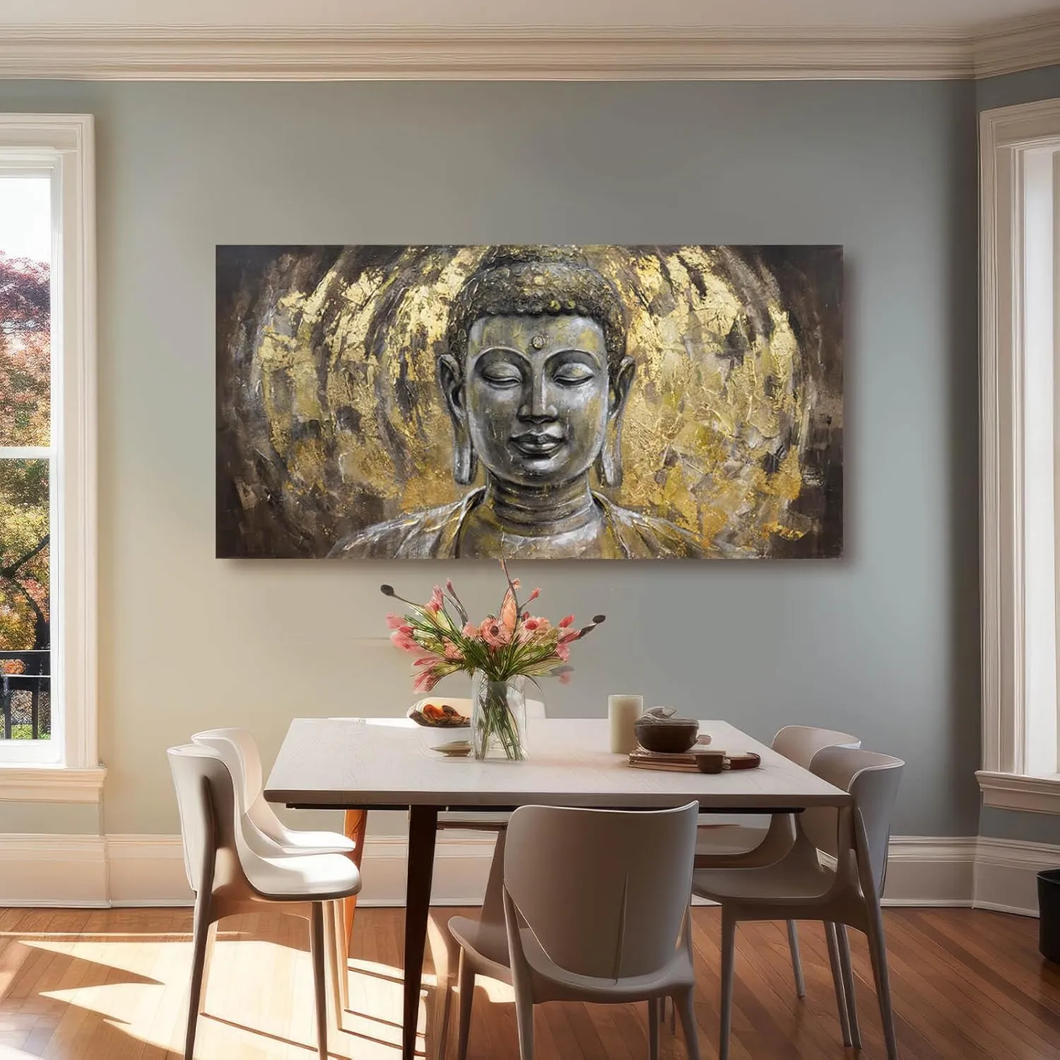 MLART99 Canvas Wall Art Gold Portrait Artwork Buddha Painting Living Room Grey Pictures Art Wall Decor for Bedroom Aesthetic 24x48 Inch Ready to Hang