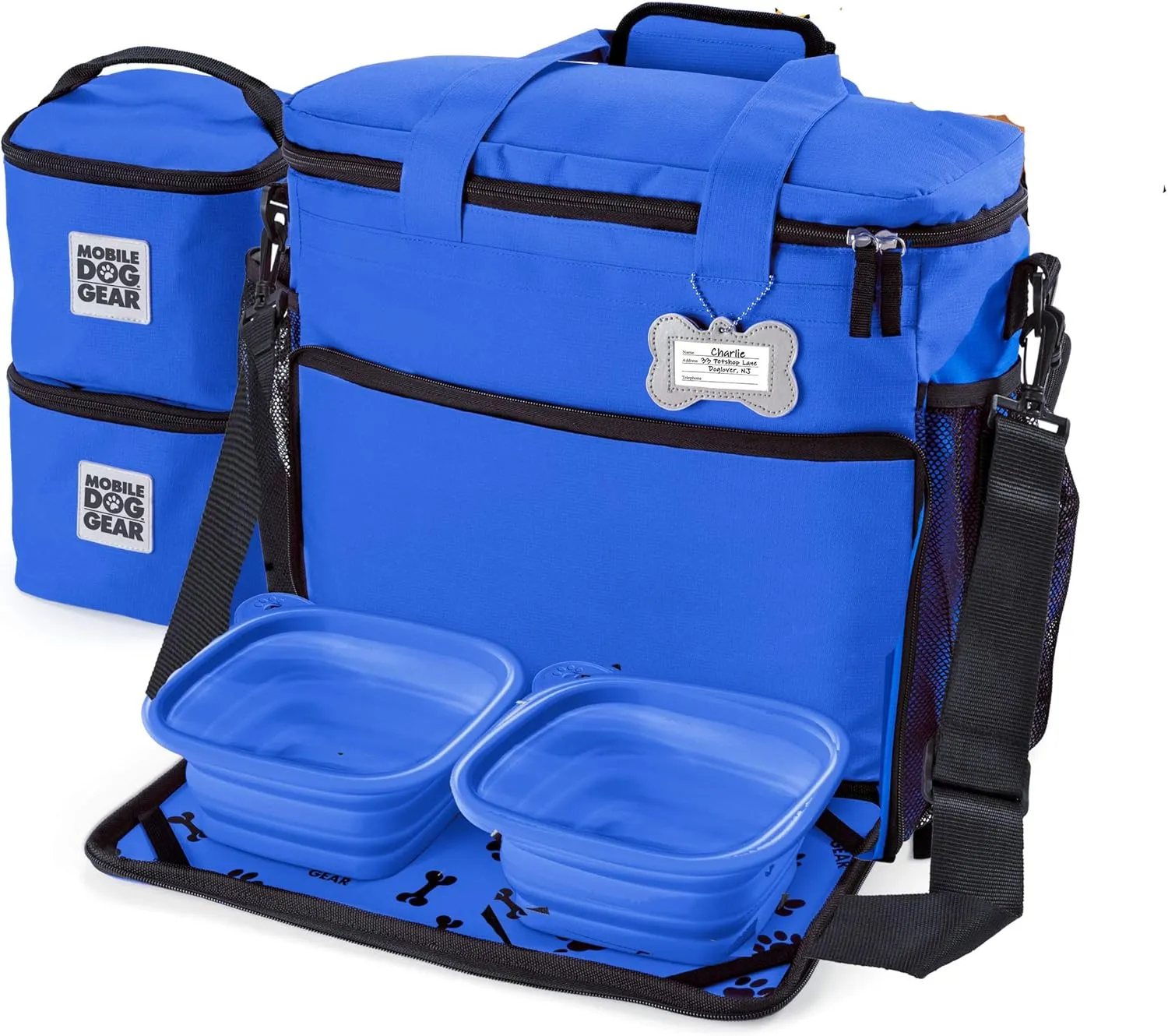 Mobile Dog Gear Week Away Airline Approved Dog Travel Bag (15"x7"x14", Blue) - Includes 2 Pet Food Storage Containers   2 Collapsible Dog Water Bowls