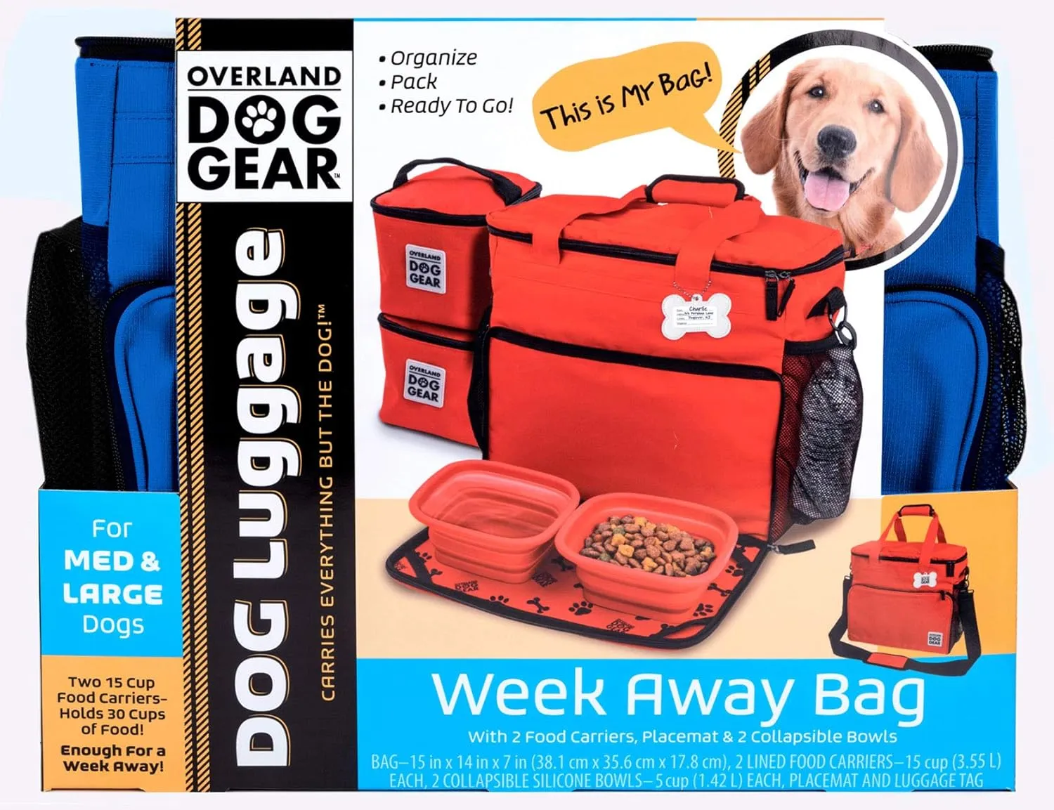 Mobile Dog Gear Week Away Airline Approved Dog Travel Bag (15"x7"x14", Blue) - Includes 2 Pet Food Storage Containers   2 Collapsible Dog Water Bowls