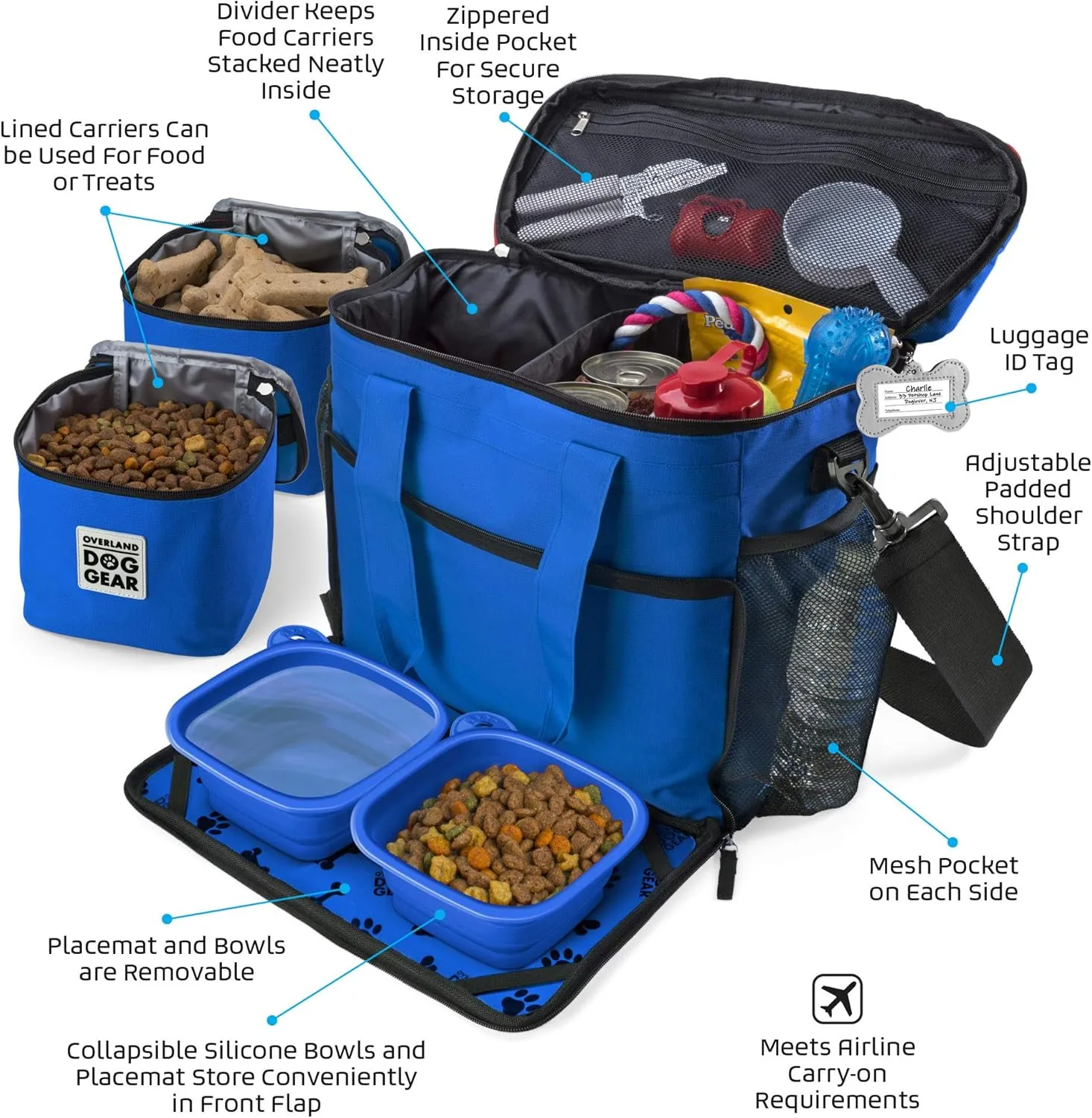 Mobile Dog Gear Week Away Airline Approved Dog Travel Bag (15"x7"x14", Blue) - Includes 2 Pet Food Storage Containers   2 Collapsible Dog Water Bowls