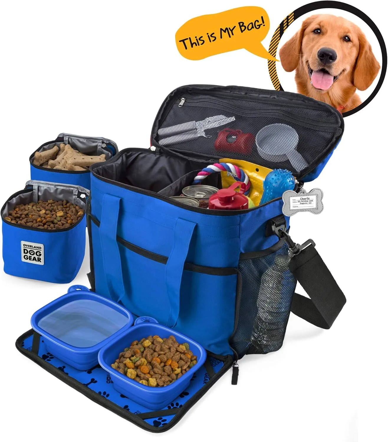 Mobile Dog Gear Week Away Airline Approved Dog Travel Bag (15"x7"x14", Blue) - Includes 2 Pet Food Storage Containers   2 Collapsible Dog Water Bowls