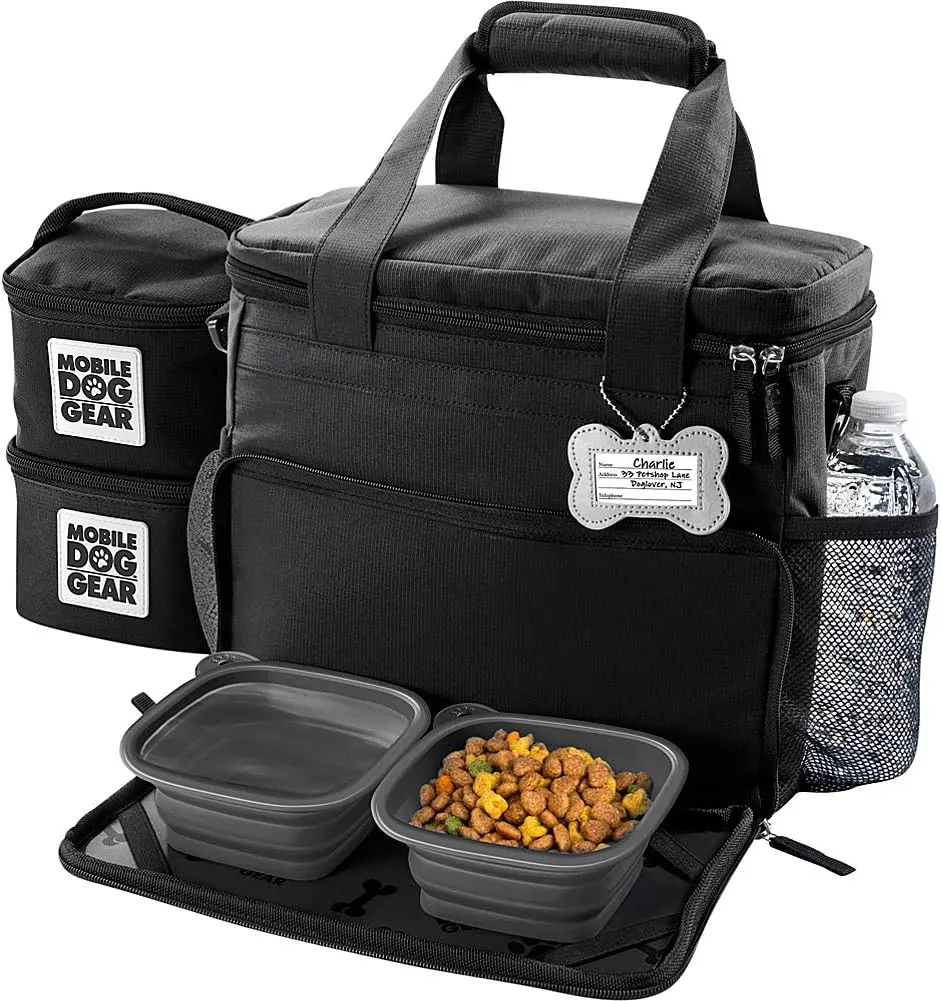 Mobile Dog Gear Week Away Dog Travel Bag (12"x6"x11", Black) - Includes 2 Pet Food Storage Containers   2 Collapsible Dog Water Bowls - Airline Approved Dog Travel Accessories, Great for Weekend Trips