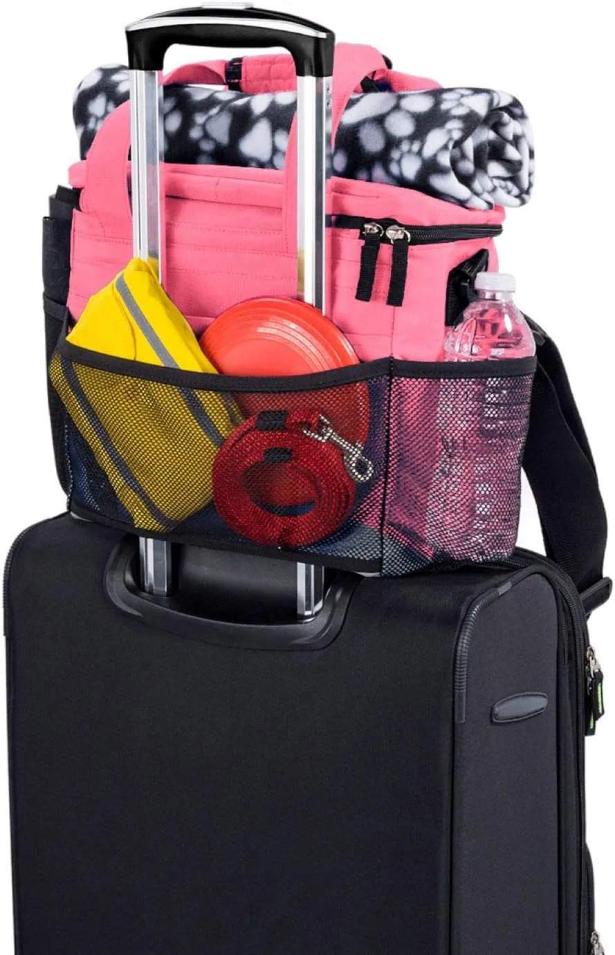 Mobile Dog Gear, Week Away Dog Travel Bag for Small Dogs, Includes Lined Food Carriers and 2 Collapsible Dog Bowl, Pink