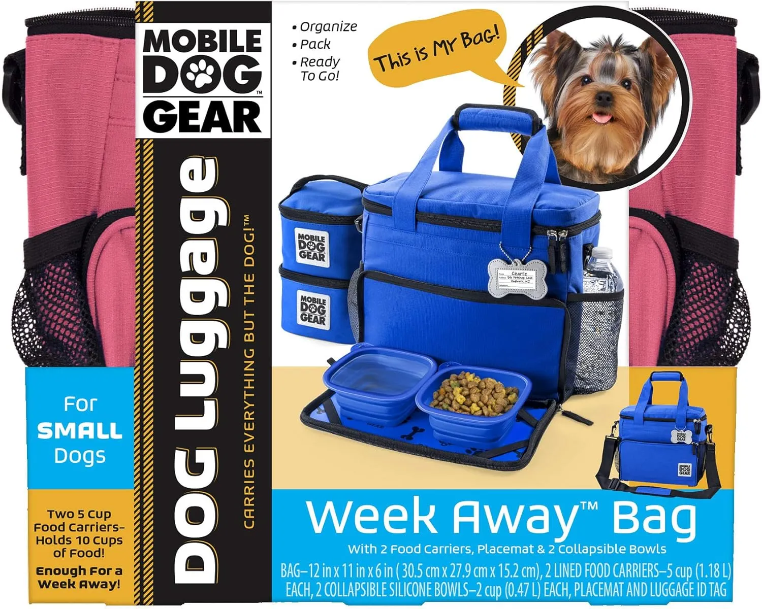 Mobile Dog Gear, Week Away Dog Travel Bag for Small Dogs, Includes Lined Food Carriers and 2 Collapsible Dog Bowl, Pink