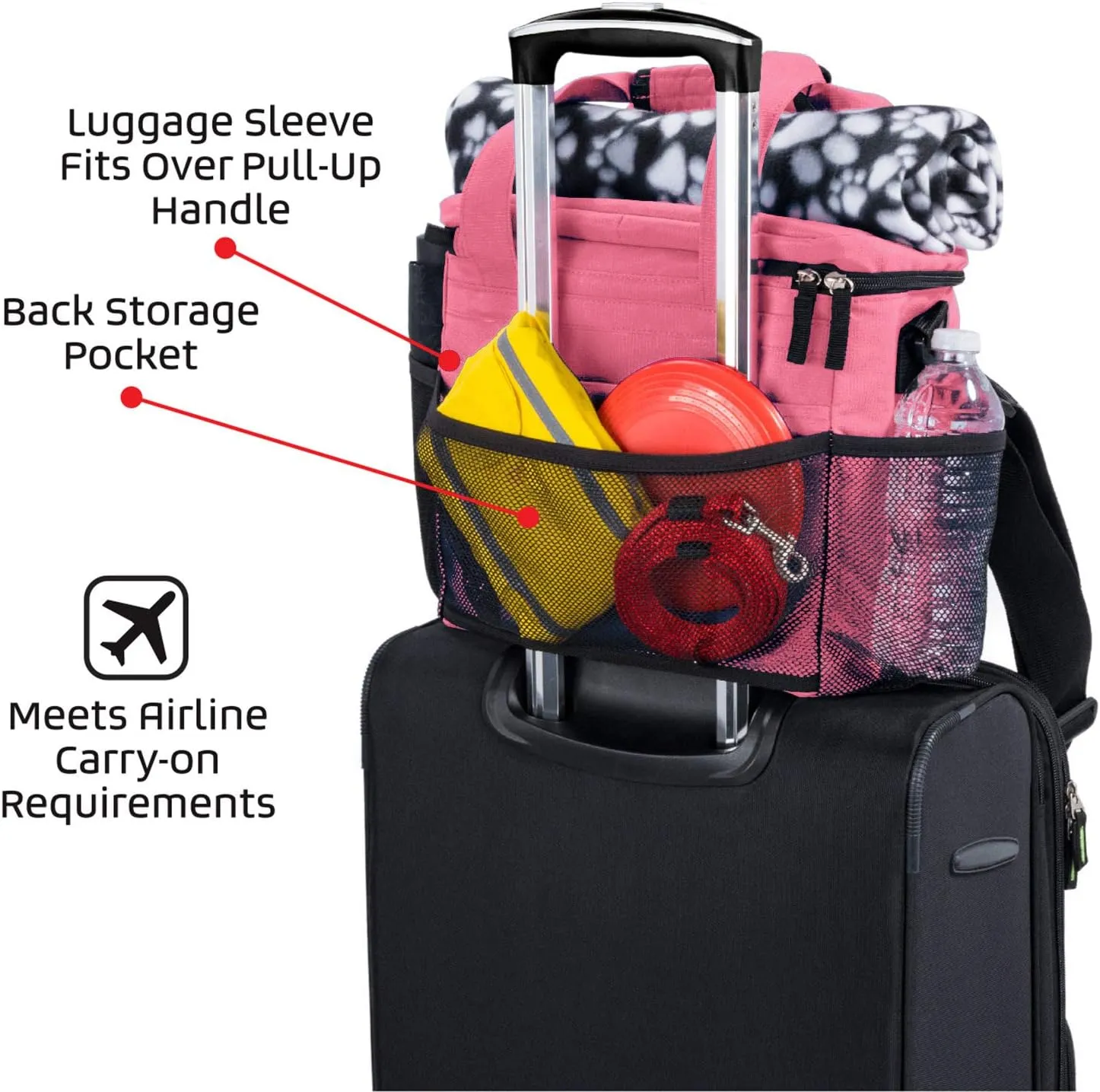 Mobile Dog Gear, Week Away Dog Travel Bag for Small Dogs, Includes Lined Food Carriers and 2 Collapsible Dog Bowl, Pink