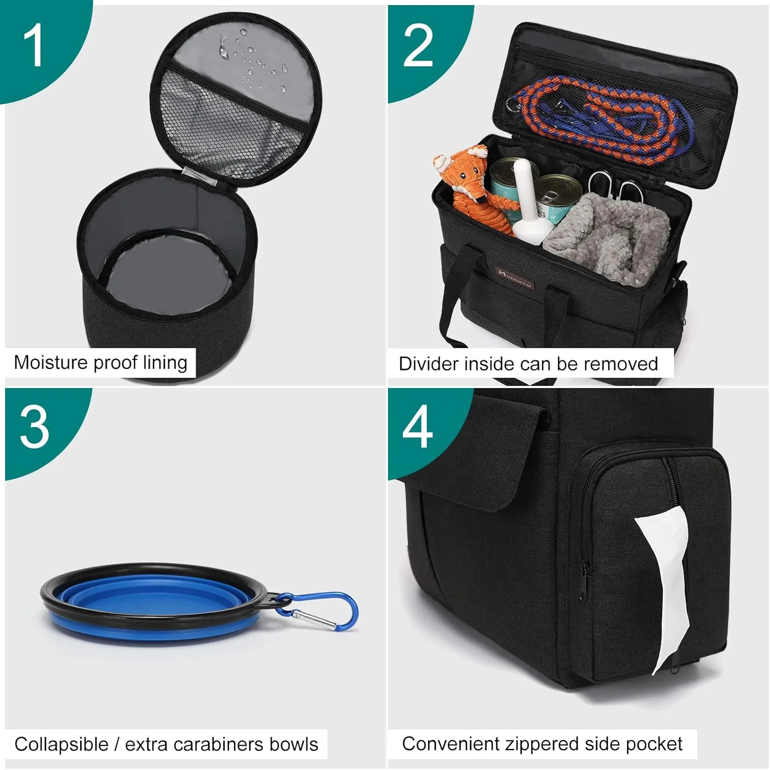 Modoker Dog Travel Bag Dog Travel Kit for a Weekend Away Set Includes Pet Travel Bag Organizer for Accessories, 2 Collapsible Dog Bowls, 2 Travel Dog Food Container (Black)